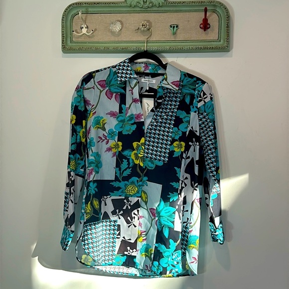 Foxcroft Kylie Patchwork Print Collared Neckline Long Sleeve Blouse Women’s 6 - Picture 1 of 6